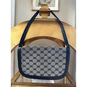 Vintage canvas Purse Shoulder logo made in Italy leather navy blue logo bag
